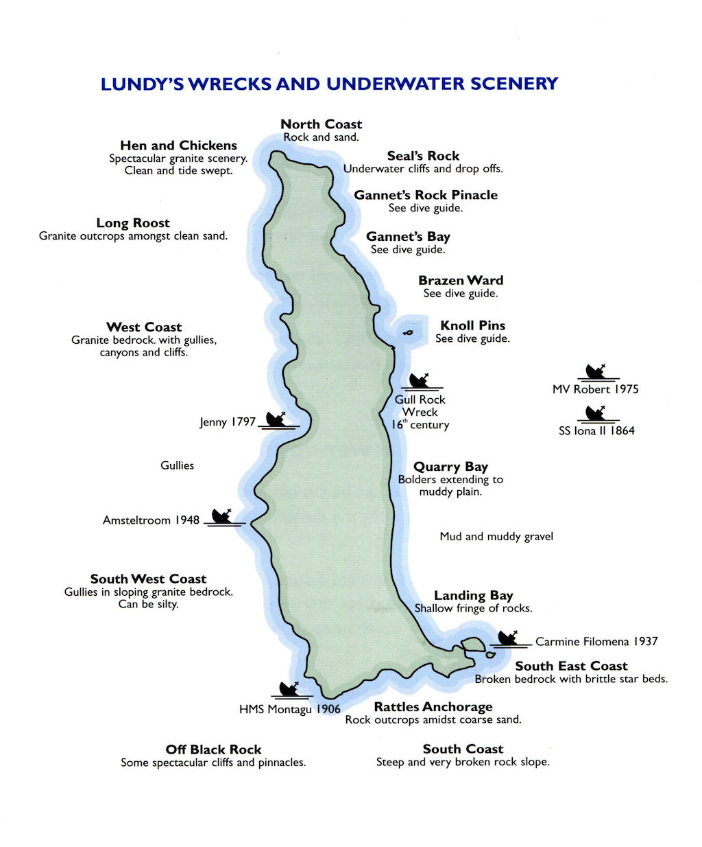 A selection of dive sites and indications of seabed types around Lundy (taken from Paul Kay’s The Scuba Diver’s Guide to Lundy Marine Nature Reserve, published by English Nature in 2001 and now out of print).