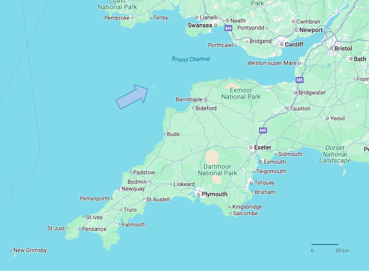 Location of Lundy in SW England © Google Maps