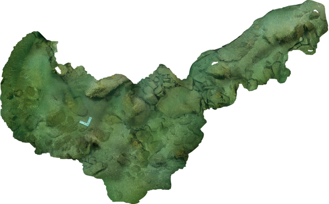 Composite photograph of the Gull Rock site (obtained from merging ? photogrammetric images taken by Tim Clements in June 2022). Note the cannon (shown in photographs on the RH side of this page) lies close to the inside angle of the white, right-angle scale measure.
